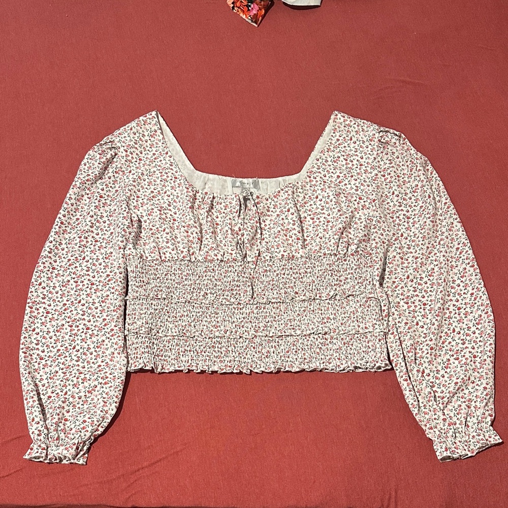 Chic Floral Smocked Blouse in White and Red